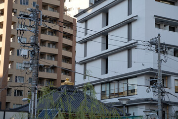 Outdoor electricity wires in the streets of Tokyo, Japan.