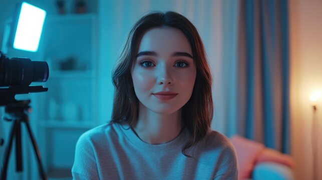 Young female content creator in cozy blue-lit home studio recording beauty tutorial video with camera, showcasing makeup techniques and eyebrow tinting.