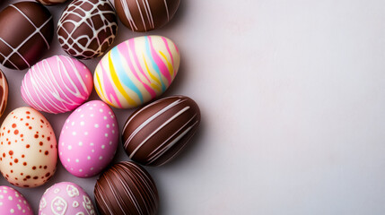 Obraz premium Colorful Chocolate Easter Eggs with Decorative Patterns on a Light Background