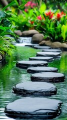 Naklejka premium Serene Garden Pathway Through a Peaceful Waterway