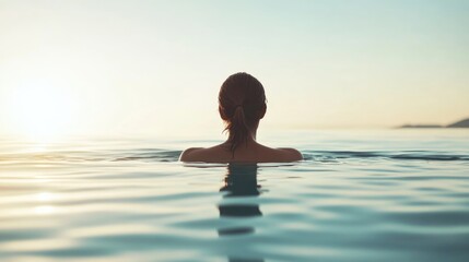 Fototapeta premium Serene back view of a woman swimming in tranquil blue waters at sunset, expansive copyspace for text and fitness concepts, gentle waves.
