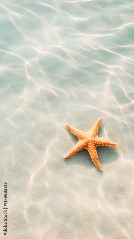 Aufkleber Sunlight filtering through crystal clear shallow water illuminates a starfish resting on the rippled sandy bottom, creating a serene and captivating underwater scene