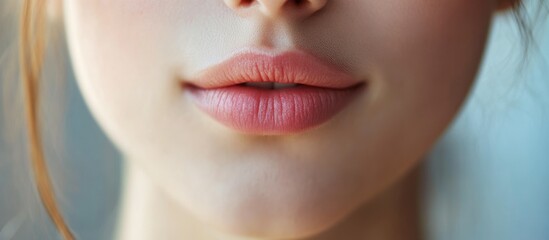 Fototapeta premium Close Up of Young Woman's Smooth Skin and Pink Lips Against a Soft Light Background with Copyspace for Skin Care Concepts and Beauty Ads