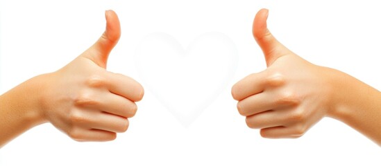 Close up of two hands with thumbs up gesture forming heart shape on white background, ideal for positive affirmation and copyspace for text