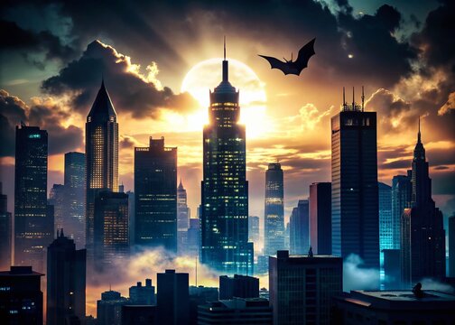 Gotham City Skyline Silhouette Dramatic Night Wallpaper