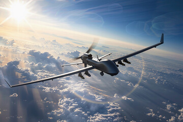 Drone flying in sky over beautiful natural nature during observation from top, abstract vivid composition consists of fictional unreal fantastic vision on background
