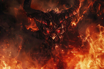 Scary sinister devil is in hell with dramatic bright fire lighting, abstract vivid composition consists of fictional unreal fantastic vision on background