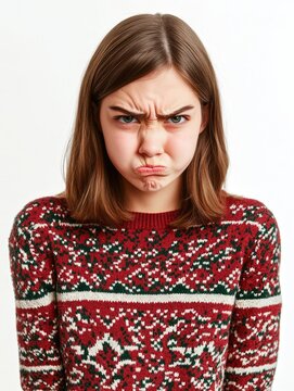 Gloomy young Caucasian girl in festive red and green Christmas sweater with unhappy expression against white background conveying emotion of dissatisfaction