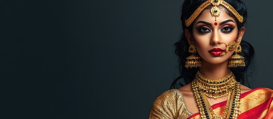 Indian female model adorned in vibrant red and gold sari with elegant face makeup embodying beauty as Hindu goddess Parvati against dark gray backdrop, ample empty copyspace for text.