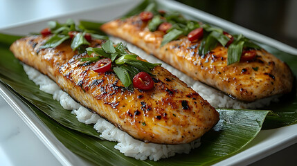 Three grilled salmon fillets on rice, garnished with chili and scallions, served on banana leaves.