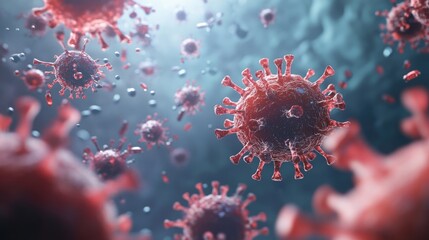 Obraz premium Conceptual illustration of red COVID-19 coronavirus bacteria suspended in a scientific laboratory with a blue and gray gradient background featuring ample copyspace for text.