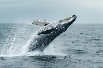 Fototapeta premium Fantastically beautiful majestic huge whale in deep blue ocean, abstract vivid composition consists of fictional unreal fantastic vision on background