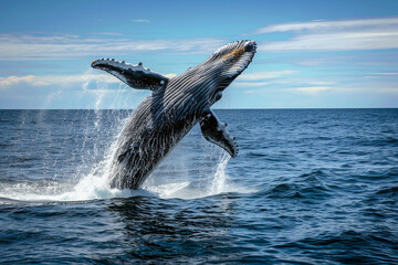 Fototapeta premium Fantastically beautiful majestic huge whale in deep blue ocean, abstract vivid composition consists of fictional unreal fantastic vision on background