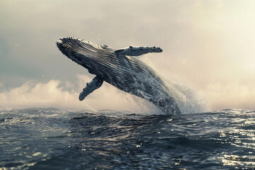 Obraz premium Fantastically beautiful majestic huge whale in deep blue ocean, abstract vivid composition consists of fictional unreal fantastic vision on background