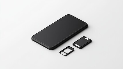 A sleek black smartphone with a SIM card tray and SIM card, arranged on a minimalistic background.