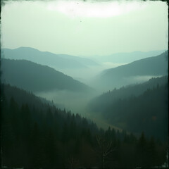 Naklejka premium Paysage brumeux de montagne avec une forêt de sapins : Vue mystérieuse et pittoresque dans les Carpates, Ukraine, capturée avec un style vintage et esthétique rétro