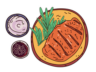 Grilled steak on plate with herbs and sauces colorful food illustration top view