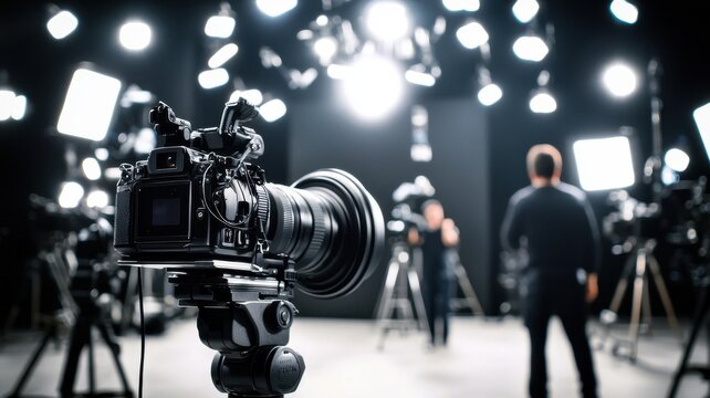 Camera in focus with bright studio lights and crew in the background, ideal for photography and videography themes.