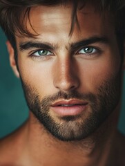 Obraz premium Stunning portrait of a handsome man with striking green eyes and a defined beard against a soft teal background, featuring ample blank space for text.