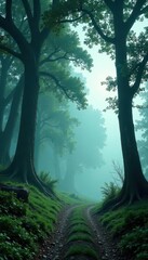 Ancient trees, shrouded in mist, vast shadowy valley , wild, brooding