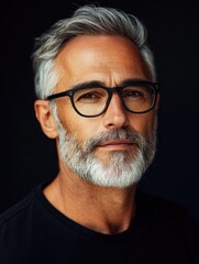 Fototapeta premium Mature man with gray hair and beard wearing glasses poses against a dark background featuring vast empty space for text in a professional portrait.