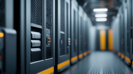 A close-up view of a modern server room, featuring rows of sleek servers with illuminated indicators, emphasizing technology and infrastructure.