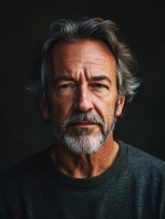 Obraz premium Mature man with gray hair and beard against a dark backdrop, showcasing a serious expression and large empty space for text highlighting wisdom.