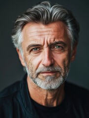 Mature man with distinguished gray hair and beard against dark backdrop, showcasing confident expression and ample empty copyspace for text.