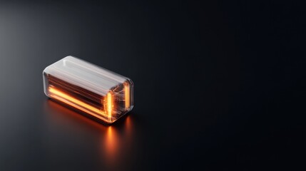 A glowing, rectangular object is illuminated against a dark background, showcasing a warm, amber light.