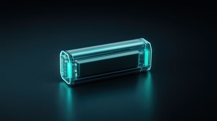 A sleek, illuminated glass container with a futuristic design sits against a dark background, showcasing its modern aesthetics.