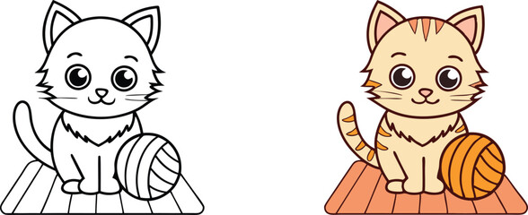Adorable Kitten Coloring Page Cute Cat with Yarn Ball
