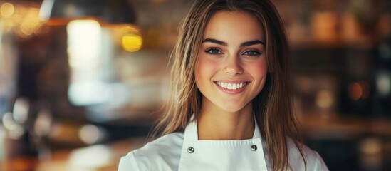 Elegant young woman in a white chef coat smiling at a warm, cozy restaurant with blurred background, inviting atmosphere for text placement.