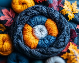 Autumnal Yarn Colors Nestled in Cozy Knitwear with Fall Leaves
