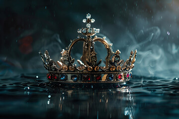 Fantastic beautiful king or queen crown from vivid gold material for coronation, abstract vivid composition consists of fictional unreal fantastic vision on background