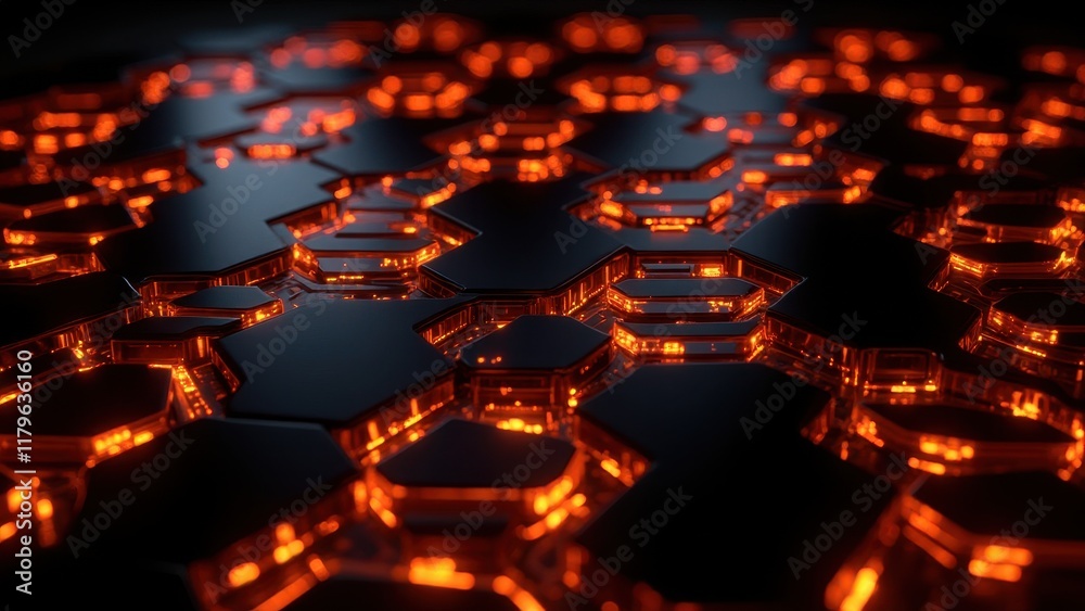 Wall mural a futuristic array of interlocking hexagons glows with vibrant orange light, as if harnessing energy
