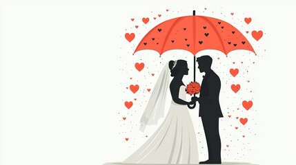 Romantic valentine wedding couples silhouette under an umbrella heart-filled background artistic illustration love celebration
