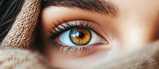Close up of a woman's vibrant brown and green eye peering through a fabric-covered hole, capturing intrigue with ample empty copyspace for text.