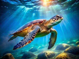 Fototapeta premium Graceful Sea Turtle Swimming in Aquarium - Underwater Wildlife Stock Photo