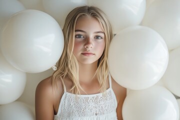 Naklejka premium young girl in white summer dress surrounded by white balloons with soft natural light and empty copyspace for advertising or text