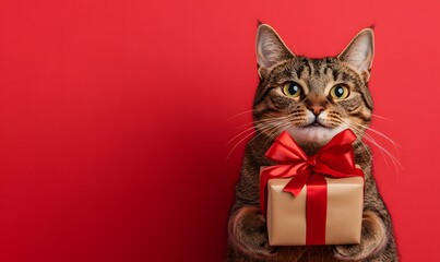 Tabby cat holding a gift against red background.