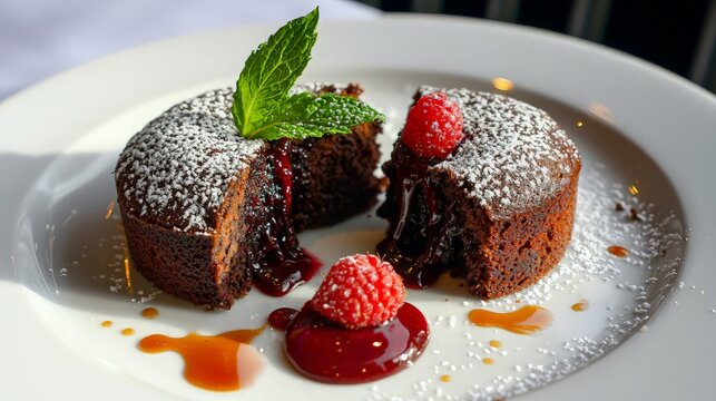 Molten chocolate cake dessert, raspberries, mint, restaurant.
