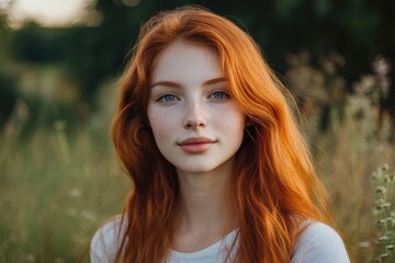 Fototapeta premium Red-haired young woman with a serene expression in a lush green nature setting, featuring a large empty space for text overlay.
