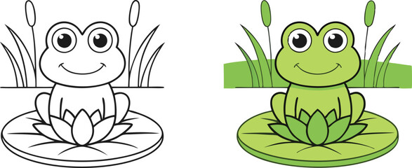 Adorable Frog on Lily Pad Coloring Page and Illustration