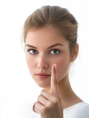 Portrait of a young woman with brown hair and light skin showing finger raised to mouth against bright white background for text space