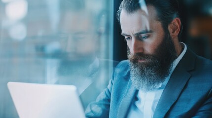 Bearded young businessman focused on laptop in modern office with glass reflections and digital cryptocurrency interface overlay in blue tones