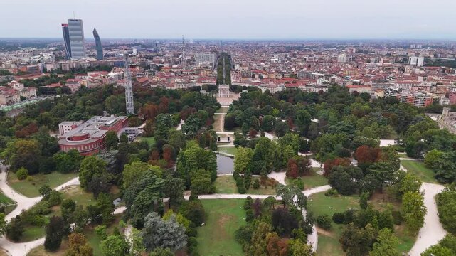 Aerial footage of Simplon Park (Parco Sempione) in Milan, Italy
