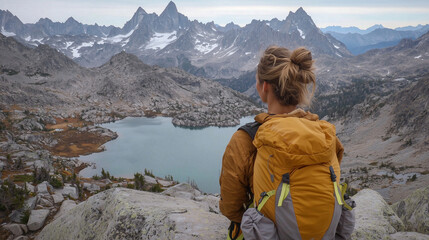 Naklejka premium A waist-up shot of a woman wearing a compact, ultralight hiking backpack with neon zippers and reflective strips. Her windbreaker flutters in the breeze as she stands on a jagged r