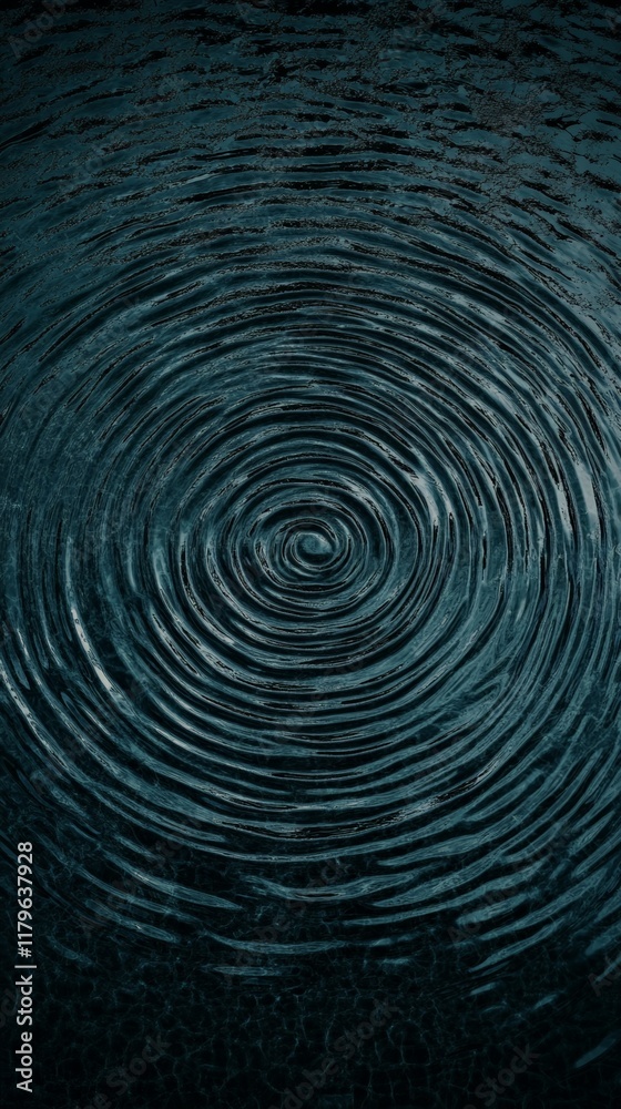 Poster concentric ripples expanding outwards on a dark water surface, created by falling rain droplets, for