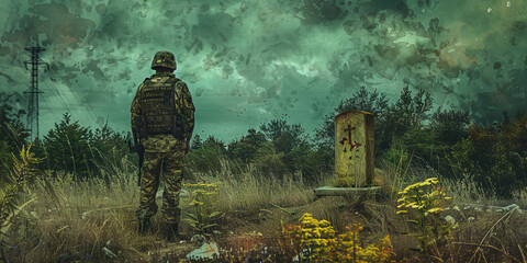 Fototapeta premium Camouflaged Soldier at Grave Marker in Field