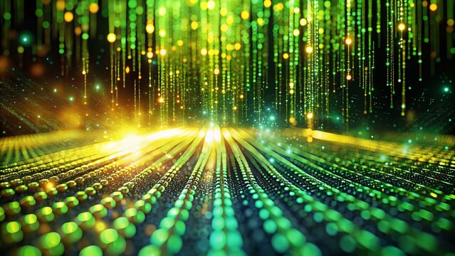 Green and Yellow Binary Code Stream: High-Resolution Data Transfer Stock Photo
